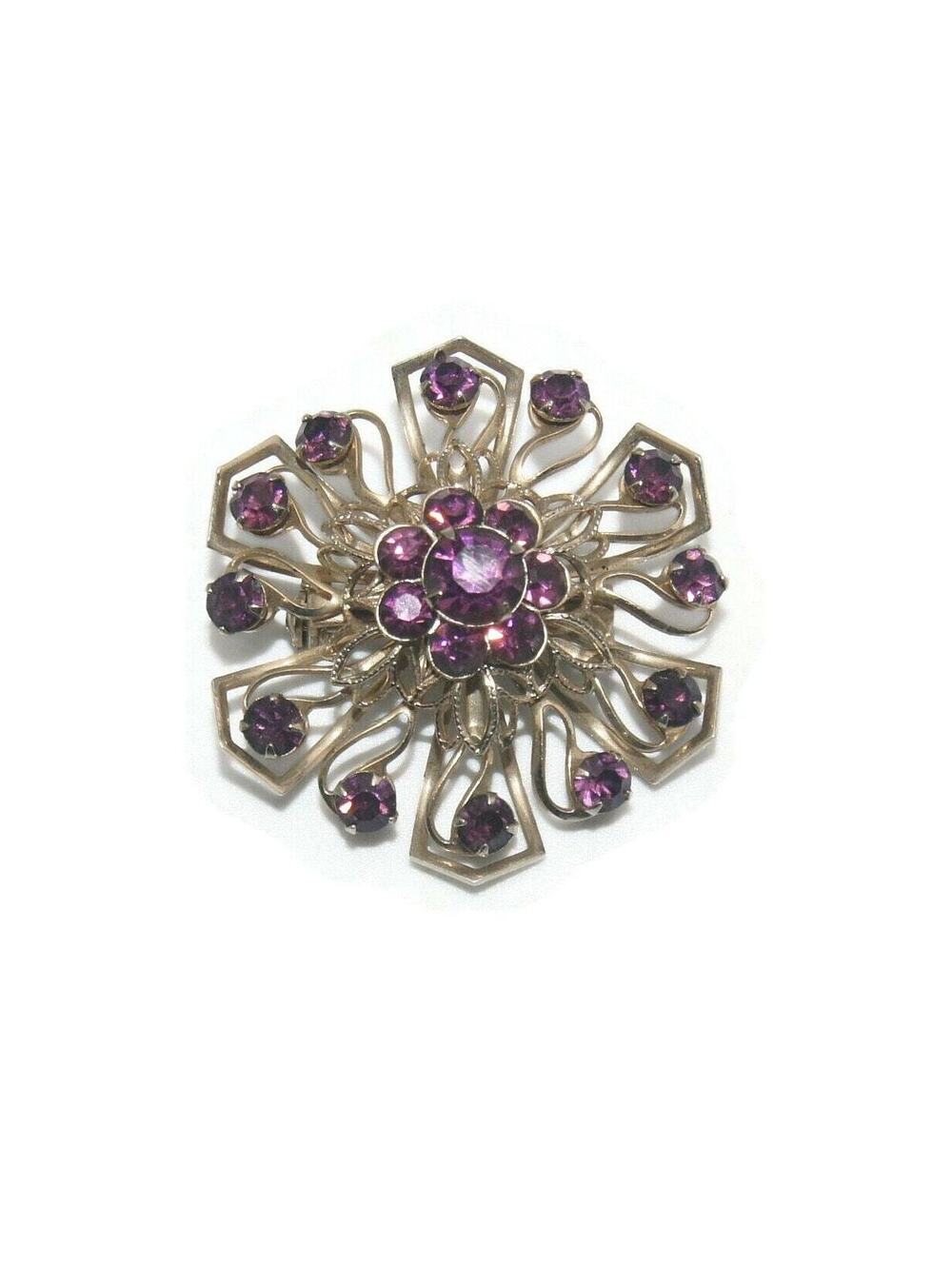 Vintage Gold Tone and Purple Amethyst Rhinestones Domed Brooch.